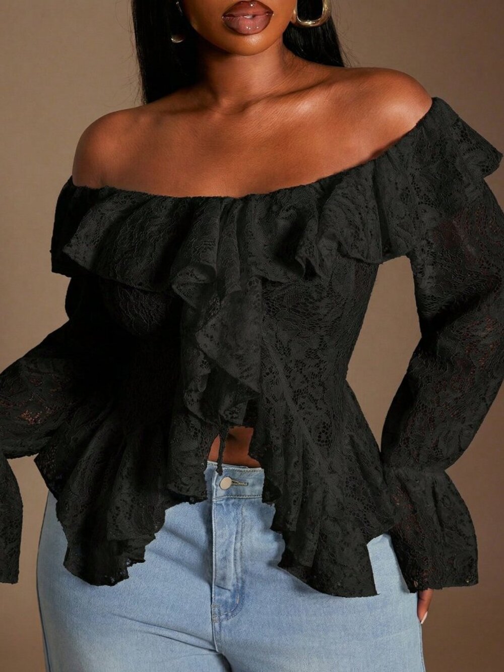 Elegant Women's Plus Size Ruffle Trim Off Shoulder Long Sleeve Sheer Lace Blouse - Picture 3 of 8